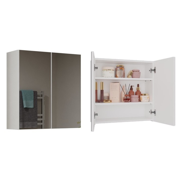 Sifonier baie suspendat cu oglinda, TOPESHOP, model POLA 2DL, 2 usi, alb, 60x60x22cm