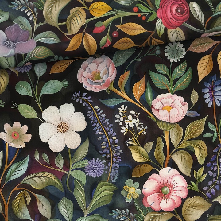 Material textil, Tricot french terry, Tricot trening imprimat Poiana misterioasa, bumbac 95%, elastan 5%