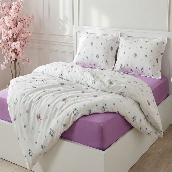 Ranforce Cotton Pro 100% pamut ágynemű, 1 személyes huzattal, 3 részes, virágmintás, fehér/lila RCP50