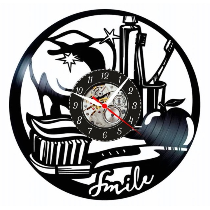 Ceas de perete decorativ - Dental Care & Smile - Design Stomatologie cu Accesorii Igiena Orala - realizat din disc de vinil (Vinyl Record), Negru, 30 cm