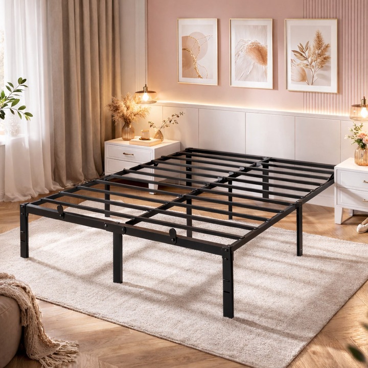 Cadru pat dublu, VASAGLE, 140x190 cm, structura metalica rezistenta 450 kg, cu spatiu de depozitare, negru