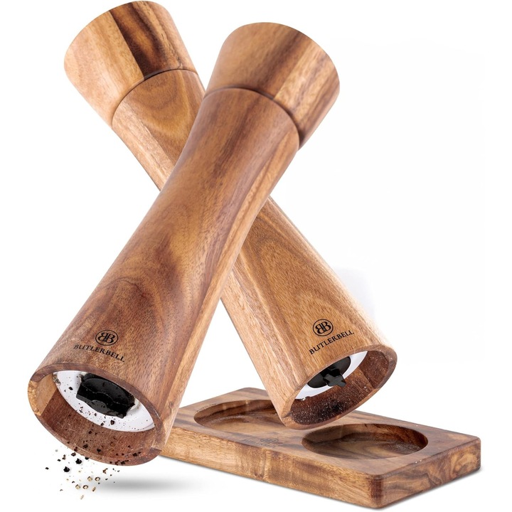 Set Rasnite Sare si Piper Lemn Acacia cu Suport, 2 Bucati