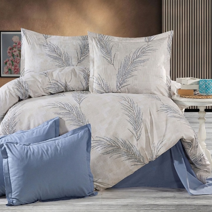 Ranforce Cotton Pro 100% pamut ágynemű, King Size huzattal, 4 részes Modern Bézs/Kék RCP51, Ralex Pucioasa