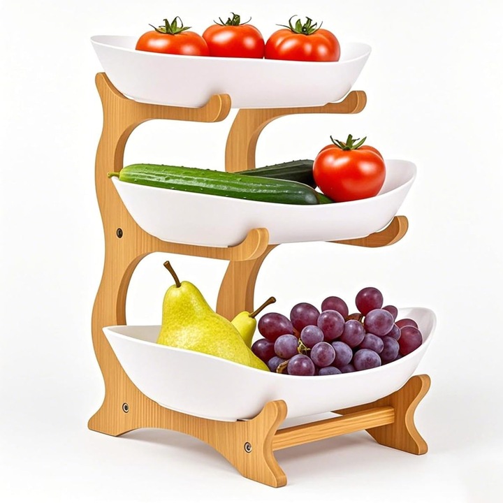Cos servire pentru fructe cu 3 etaje, asskanaer, Platou pentru fructe, Suport de Lemn, Impermeabil si rezistent la umiditate, Stabilitate portanta, Economie de spatiu, Detasabil, Plastic, 35*28*19cm, Alb