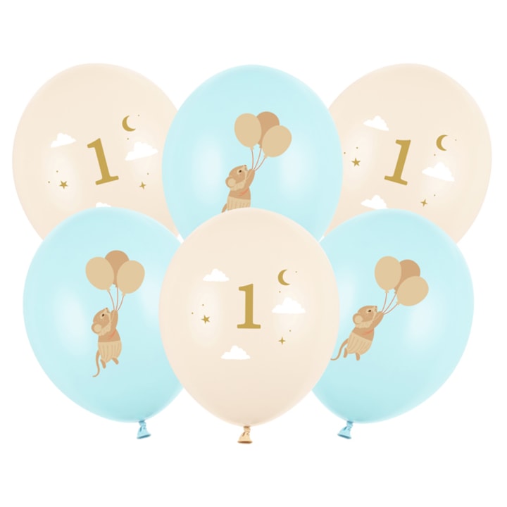 Baloane Soricei cu Cifra 1 – Prima Aniversare, Albastru Pal (30 cm, 6 buc.)