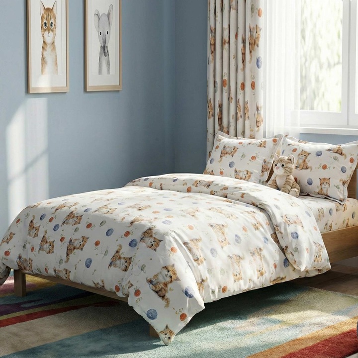 Ranforce Cotton Pro 100% pamut ágynemű, 1 személyes huzattal, 3 részes, cicás, fehér/bézs RCP44