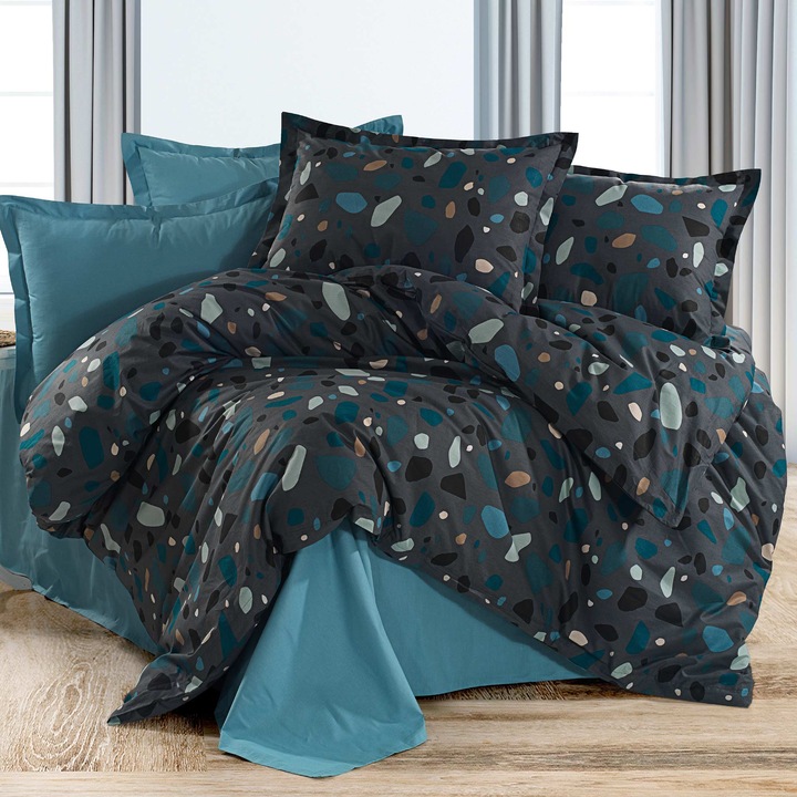 Lenjerie pat Ranforce Cotton Pro Bumbac 100%, King Size, 6 piese Eleganta Turcoaz/Negru RCP43 Ralex Pucioasa