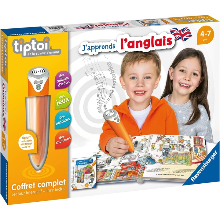 Ravensburger Tiptoi interaktív olvasó + "Angolul tanulok" könyv, 16 oldal, 4 éves kortól