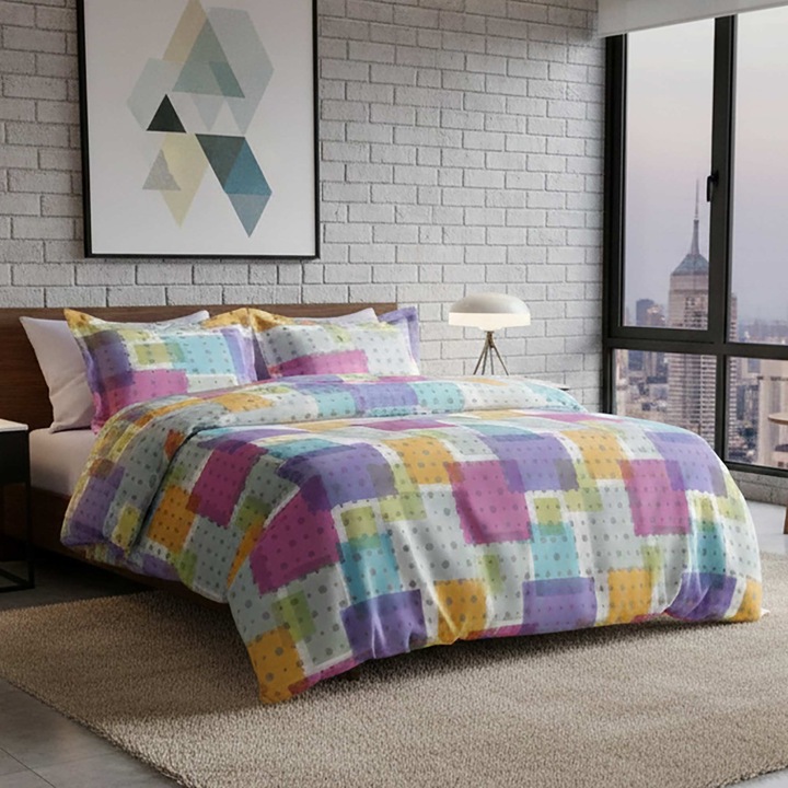 Lenjerie pat Ranforce Cotton Pro Bumbac 100%, 1 persoana cu husa, 3 piese Moderna Lila RCP42