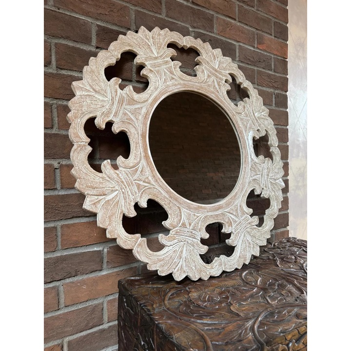 Ръчно изработено огледало, 80 см, тиково дърво, стенен монтаж, античен декор