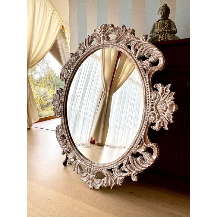 Ръчно изработено огледало от тиково дърво, 114 см, античен дизайн, стенен монтаж