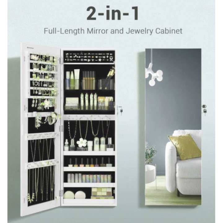 Dulap bijuterii cu oglindă, alb, 108x37x9.7cm, montare pe perete