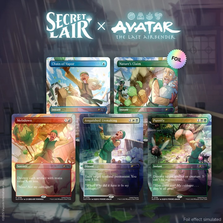 Magic: The Gathering Secret Lair x Avatar: The Last Airbender - Set 5 carti cu folie curcubeu, ilustratii unice