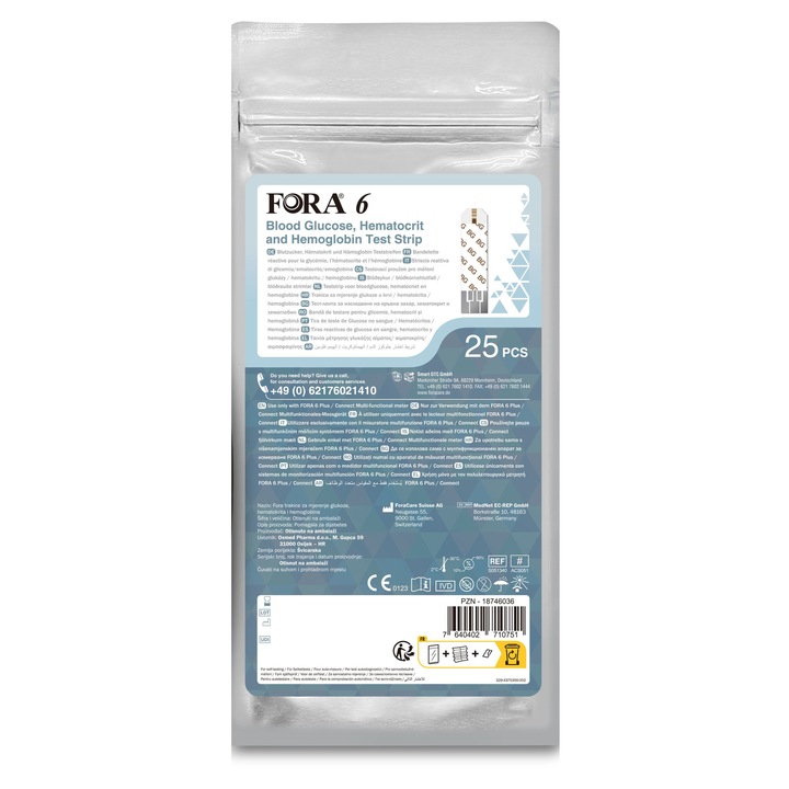 Benzi de testare 3in1 Fora pentru glicemie, hematocrit, hemoglobină, set 25 buc