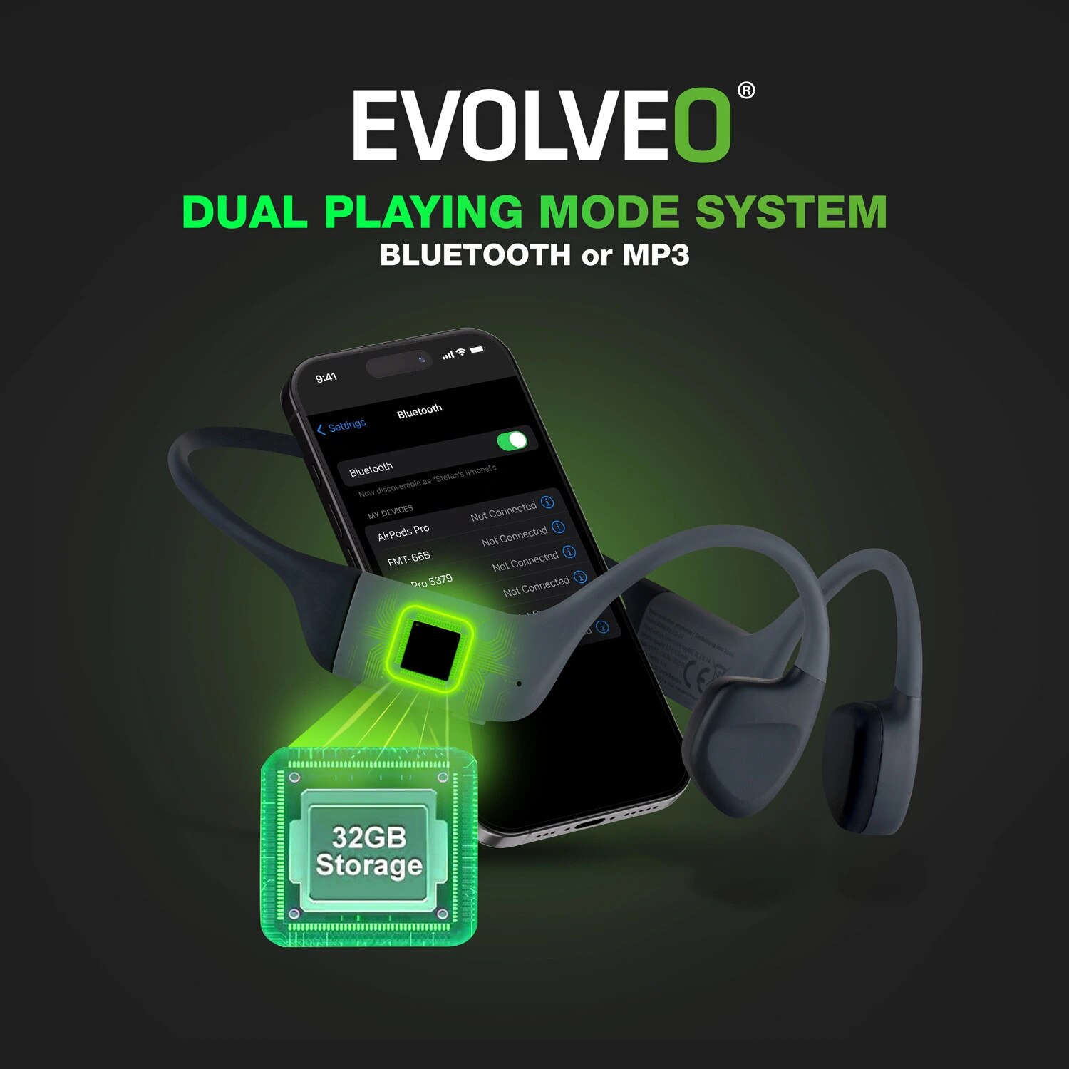 Casti wireless EVOLVEO BoneMax, impermeabile IPX8, 32 GB, gri, pentru sportivi