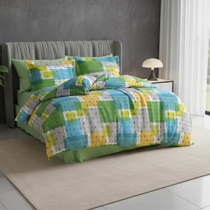 Lenjerie pat Ranforce Cotton Pro Bumbac 100%, King Size, 6 piese Moderna Verde RCP41 Ralex Pucioasa