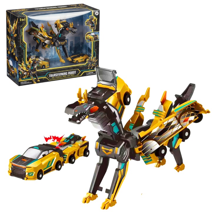 Магнитна играчка 2 в 1 динозавър и кола, HARD-ER IS BETTER, златиста, пластмасова, за деца 3+