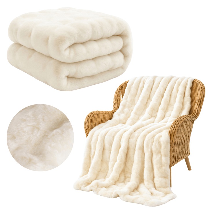 Patura alba 160x100 moale calduroasa usoara pufoasa plaid confortabil ideal pentru pat dormitor