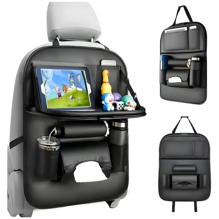 Organizator Spate Scaun Auto, Flippy, Masa Pliabila, Suport pentru Tableta, Sortare Lucruri si Protejare Tapiterie, 40 x 63cm, Negru