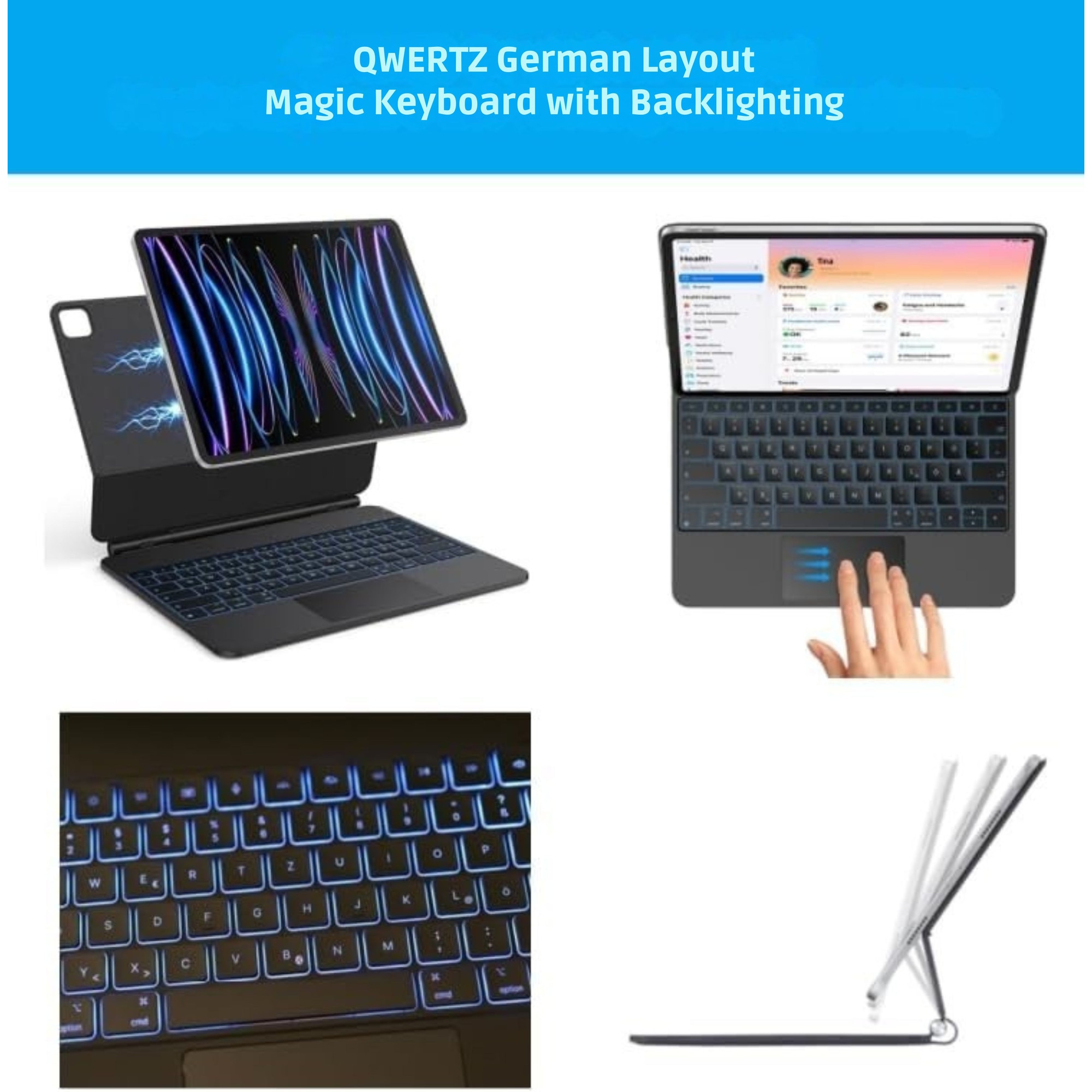 Husă cu tastatură Bluetooth pentru iPad Pro 11" 2024, iluminată, detașabilă, neagră