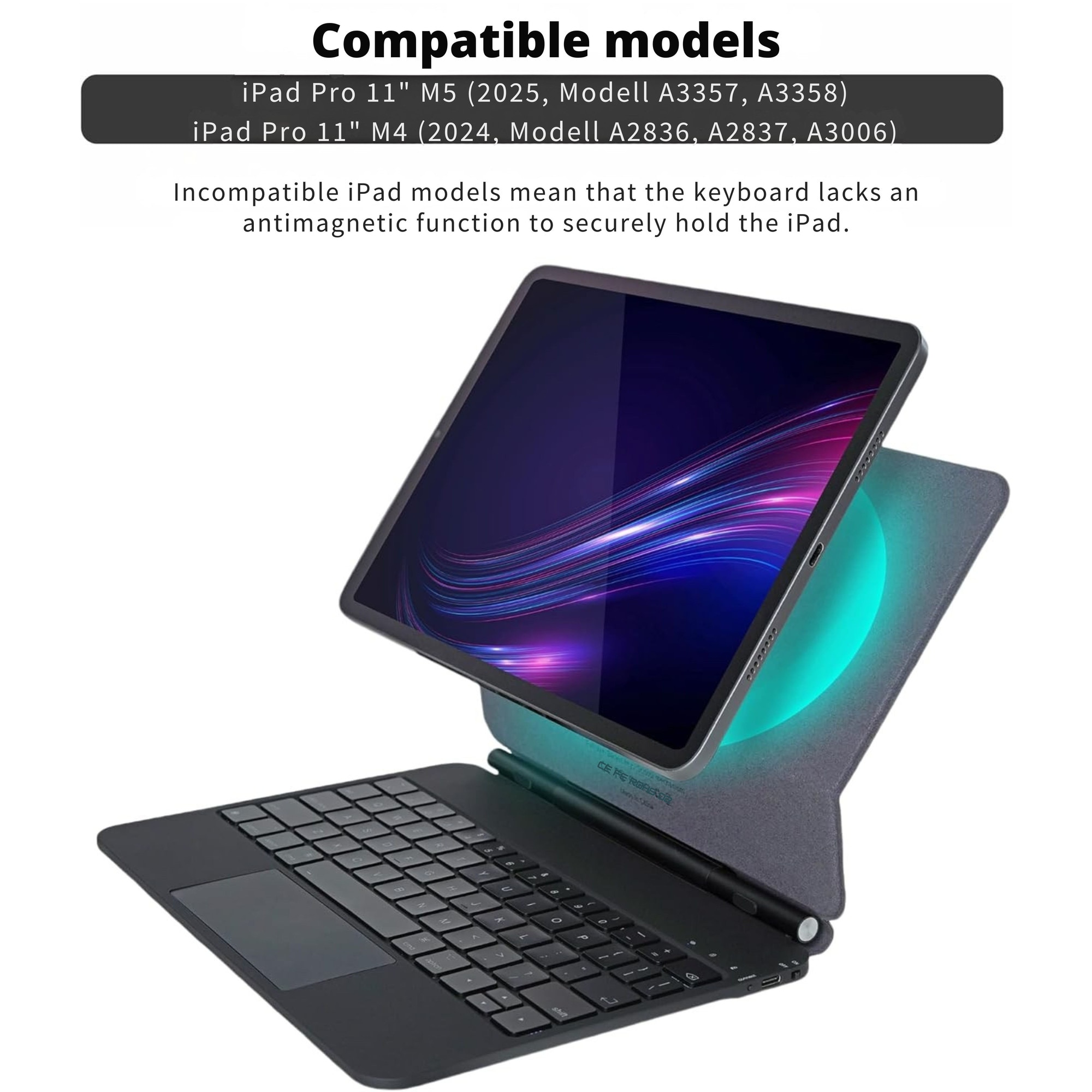 Husă cu tastatură Bluetooth pentru iPad Pro 11" 2024, iluminată, detașabilă, neagră