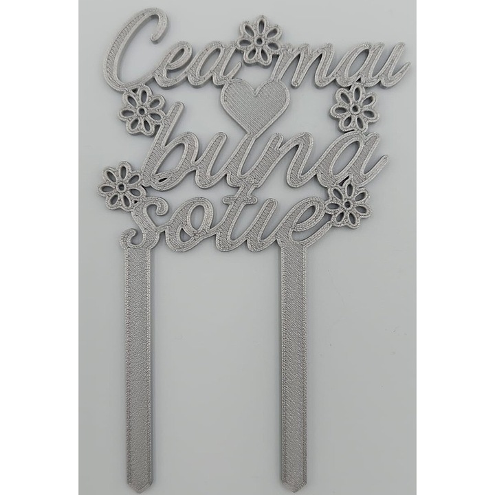 Topper flori, "Cea mai buna sotie", argintiu, plastic PLA