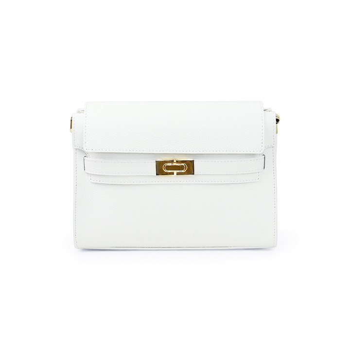 Geanta dama Moranti din piele naturala, alb, cu compartiment principal si buzunar interior, 30x15x25cm