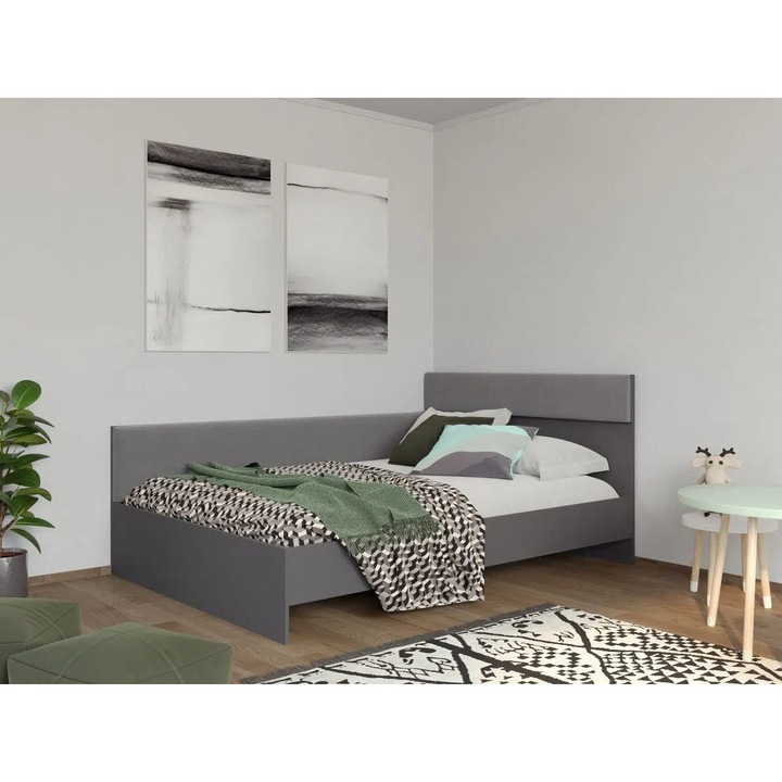 Pat de Colt Tapitat, 140×200, Lucio Gri/Lemn, L 143.2 x A 203.2 x H 92cm