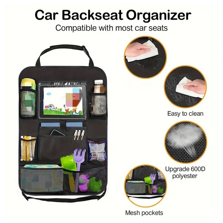 Organizator auto pentru scaune fata - Compartimente Negre -
