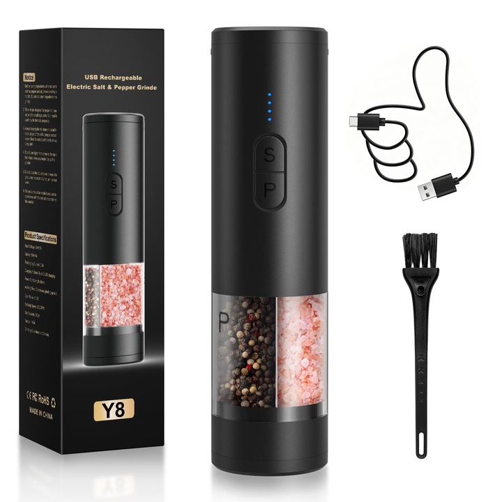 Rasnita electrica sare si piper, Bedee, 2-in-1 Depozit dublu, Cu Iluminare LED, Capacitate mare 100 ml + 100 ml, ABS, Include cablu de incarcare si perie de curatare, 6 x 24 cm, Negru