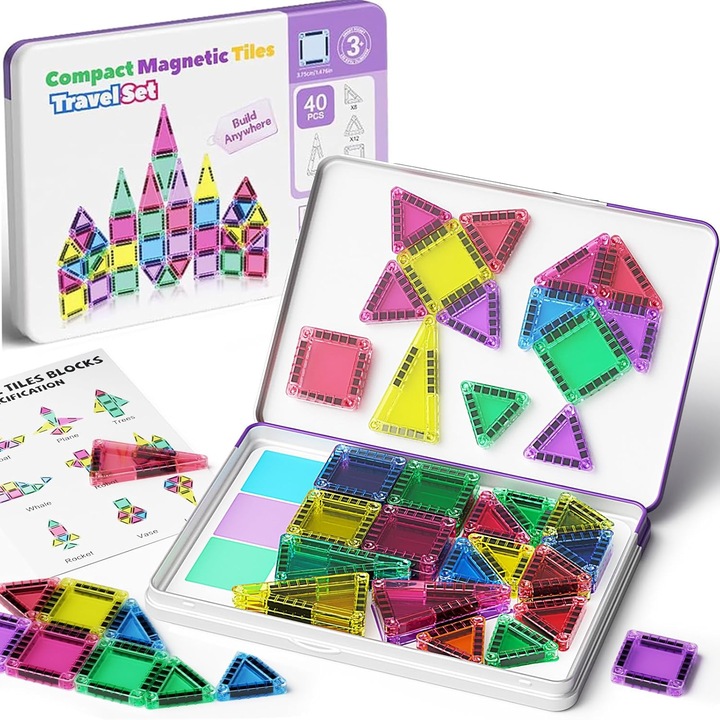Set Inteligent de Constructie Magnetic cu 40 Piese, cu Cutie de Fier, Numeroase Posibilitati de Construit Creativ, Dezvoltarea Abilitatilor Motrice si a Imaginatiei, Multicolor