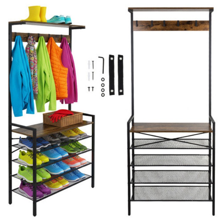 Cuier hol tip Loft cu 5 carlige si 4 rafturi, RUHHY, Cadru metalic si blat MDF, 183.5 x 31.5 x 68 cm, Negru