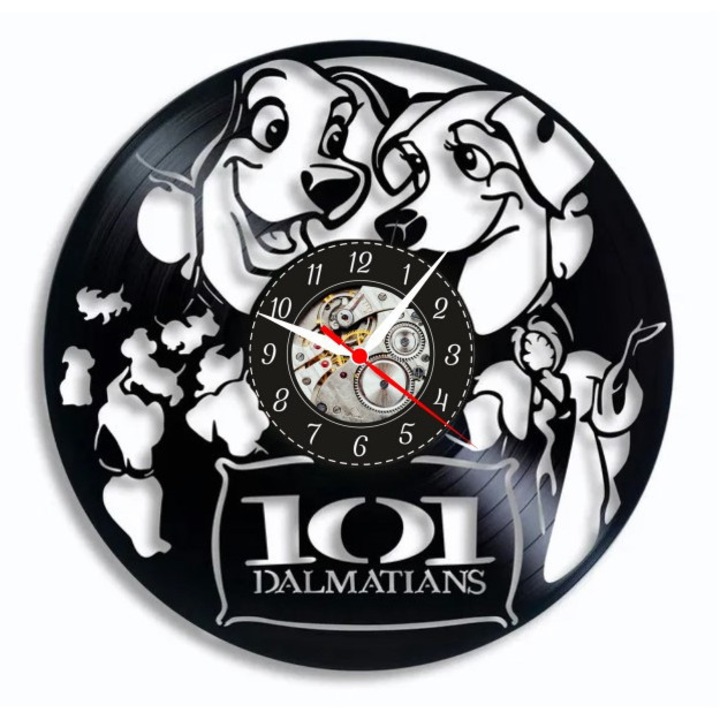 Ceas de perete decorativ - 101 Dalmatians - Design Pongo, Perdita si Cruella de Vil - realizat din disc de vinil (Vinyl Record), Negru, 30 cm