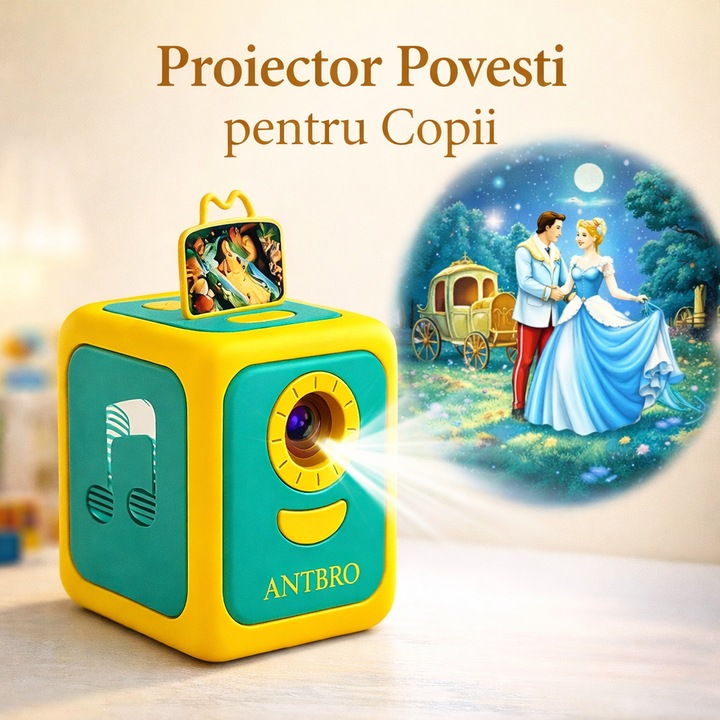 Proiector Povesti Pentru Copii ANTBRO®, Lampa de Veghe cu Muzica si Narare Romana, Proiector Tavan si Perete, 8 Povesti Clasice, 8 Cantece de Leagan, Jucarie Educativa Interactiva, Cadou Baieti si Fete 3+