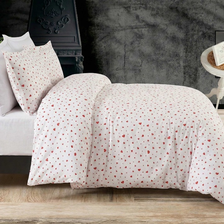 Ranforce Cotton Pro 100% pamut ágynemű, 1 személyes huzattal, 3 részes, szívecskés, fehér/piros RCP38