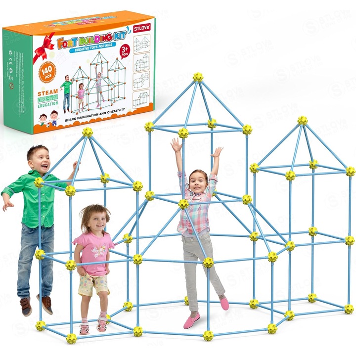Set Constructie Cort Fort pentru copii, STLOVe, 140 de bucati, multicolor