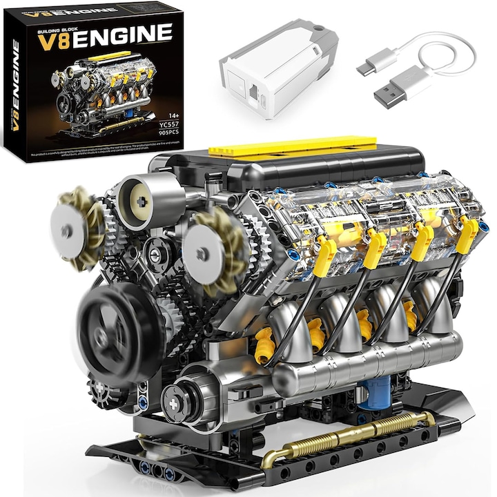 Mini V8 motor építőkészlet, 905 darab, tinédzsereknek és felnőtteknek, 14+ év