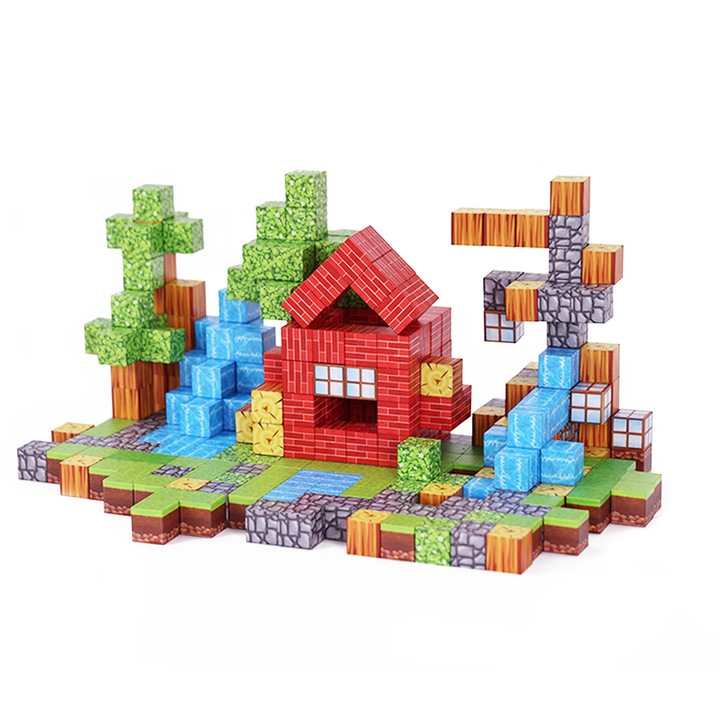 Set Blocuri Magnetice114 Piese – Constructii 3D Creative, Culori Schimbatoare, Compatibile cu Magnete Puternice + Idei de Constructie, tematica constructii, 3-4 cm, multicolor