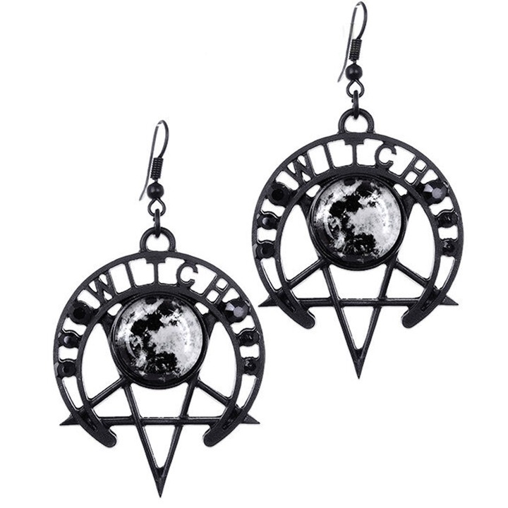 Cercei gotici unisex semiluna cu inscripție, zirconi negru, 3x5cm