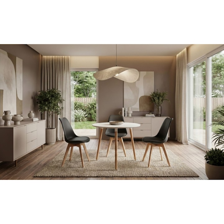 Set Masa Rotunda DT17 Alba cu 3 Scaune J900 Negre