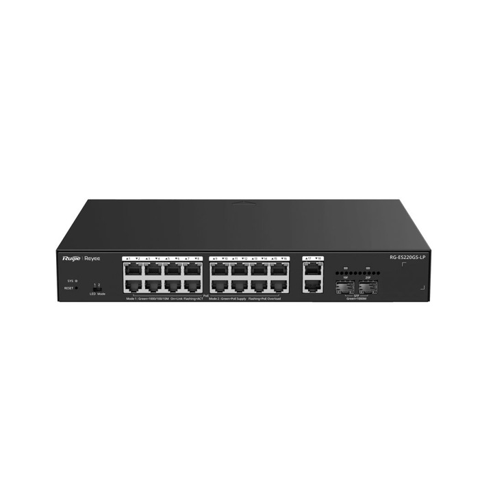 Switch Reyee RG-ES220GS-LP 20-Port Gigabit PoE, 18xLAN, 16xPoE, 130W, 10/100/1000 Mbps