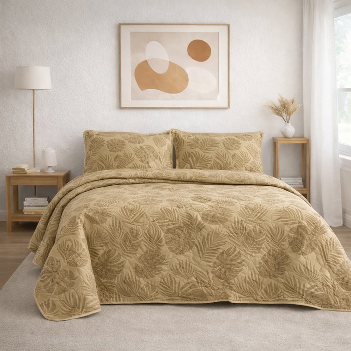 Set Cuvertura Pat Matlasata 3 Piese, 250x260 cm + 2 Fete Perna 60x80 cm, Bumbac, Kaki