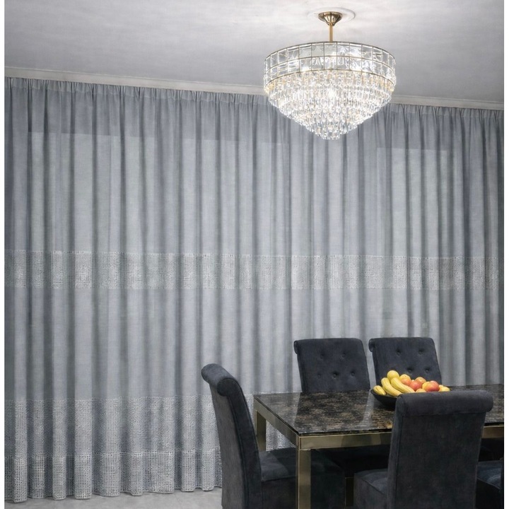 Ленена завеса с мрежеста вложка, сива, изработена на релса 600 x 260 см