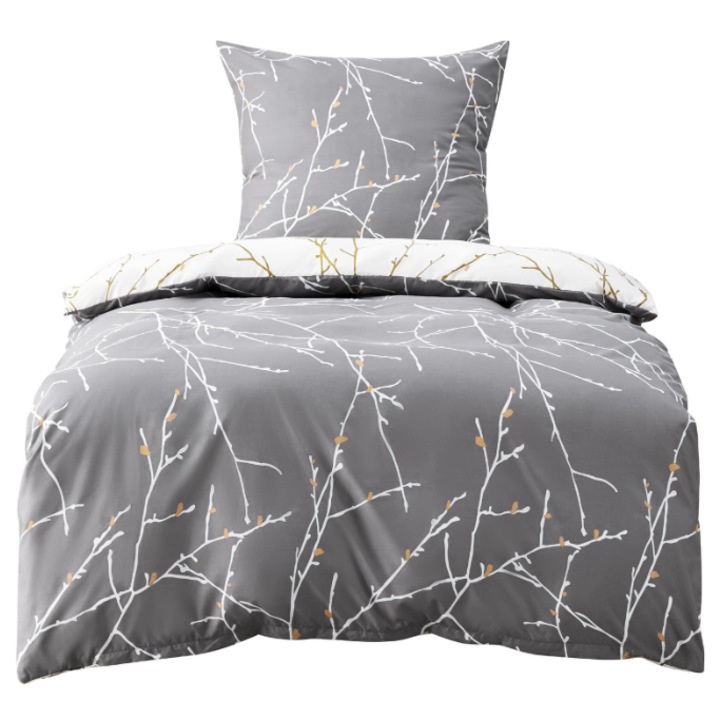 BEDSURE ágyneműhuzat garnitúra, paplanhuzat 220 x 240 cm, párnahuzat 80 x 80 cm, megfordítható, ág minta, mikroszálas, szürke és fehér színű