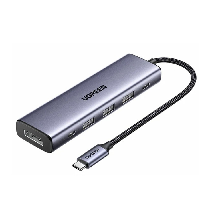 Докинг станция USB-C с DisplayPort 4K, 3x USB-A, 2x USB-C, PD 100W, 5Gbps, Ugreen, сива