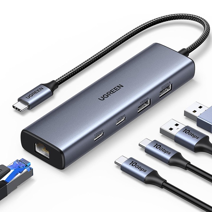 Докинг станция USB-C с 2x USB-C, 2x USB-A, RJ45 Gigabit, трансфер 10Gbps, Plug & Play, Ugreen, сива