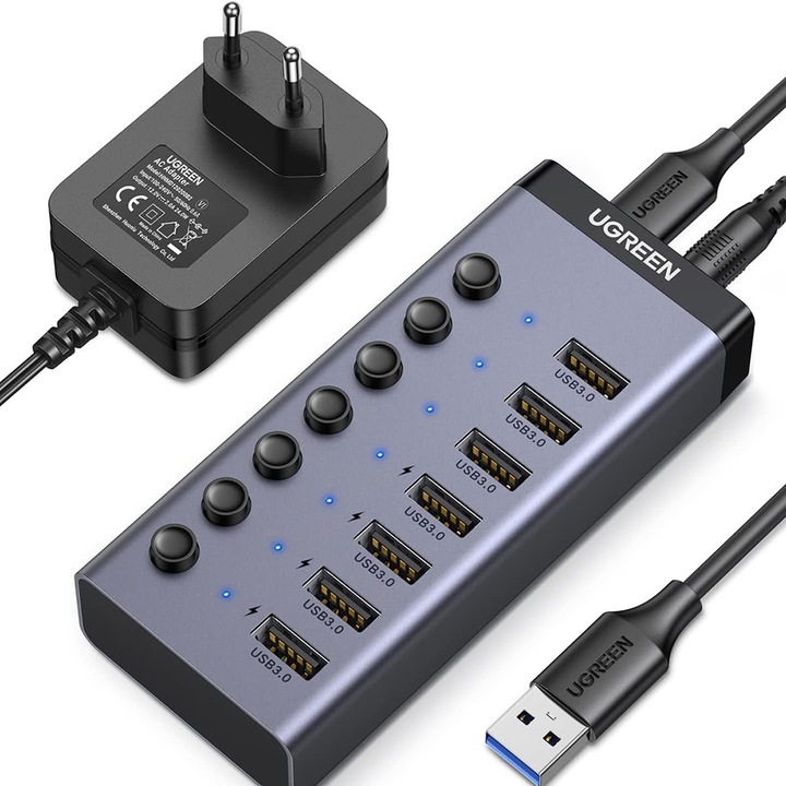Докинг станция USB-C със 7x USB 3.0, външно захранване, индивидуален превключвател и LED, 5Gbps, 1м кабел, Ugreen, сива