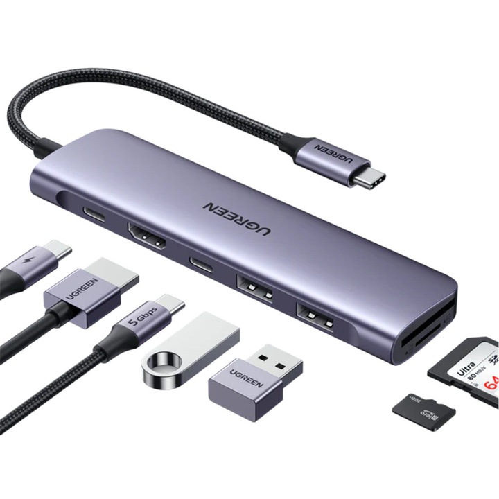 Докинг станция USB-C с HDMI 4K, 2x USB-A, 2x USB-C, PD 100W, четец за SD/TF, 5Gbps, Ugreen, сива