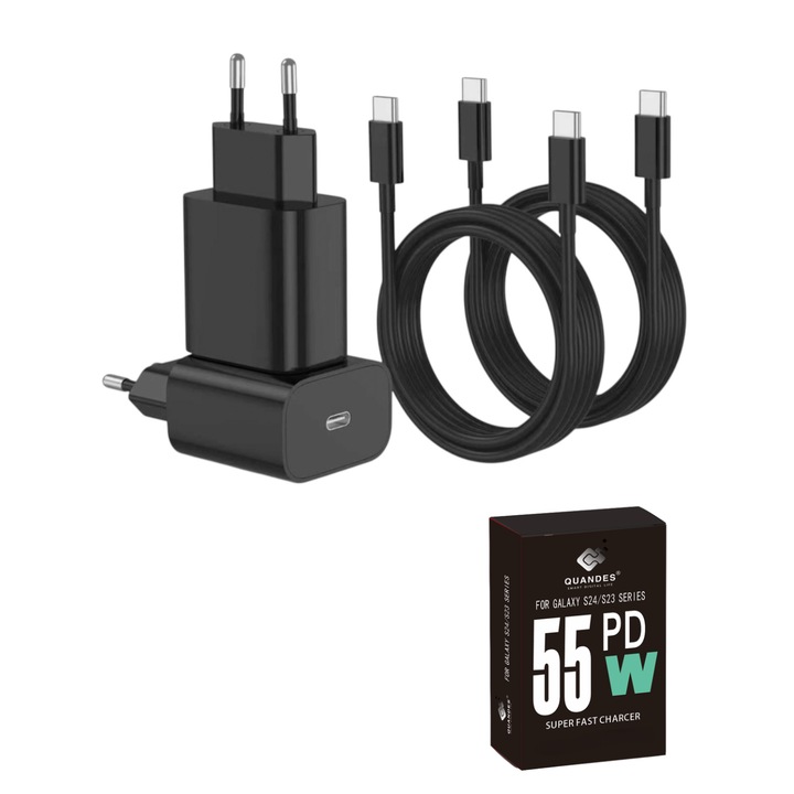 Set 4 buc, 2 x incarcator 55W PD, 2x cablu C-C 1M-5A QUANDES® compatibil cu Galaxy s26, s26 ultra