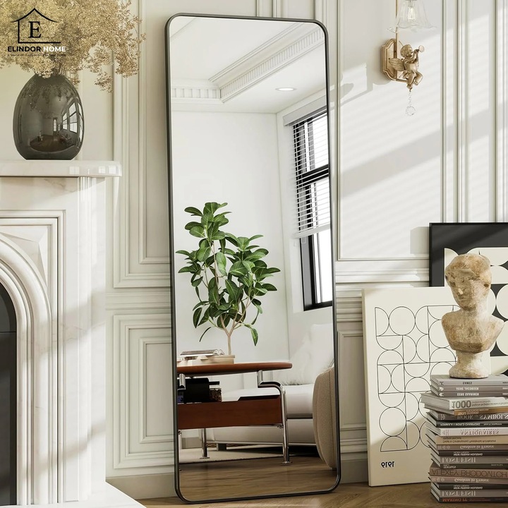 Черно огледало за под Elindor® Декоративно, Вертикално, Правоъгълно, Заоблени ъгли, Сгъваема стойка, Монтаж на стена или под, Идеално за спалня, всекидневна, офис, коридор, съблекалня или сватба, Алуминиева рамка, 165 x 60 см